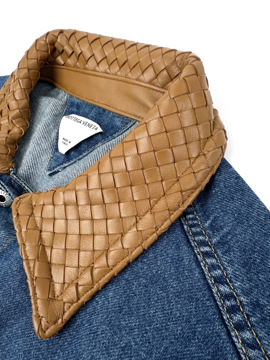 Woven Leather Denim Jacket - Medium Blue, photo 4