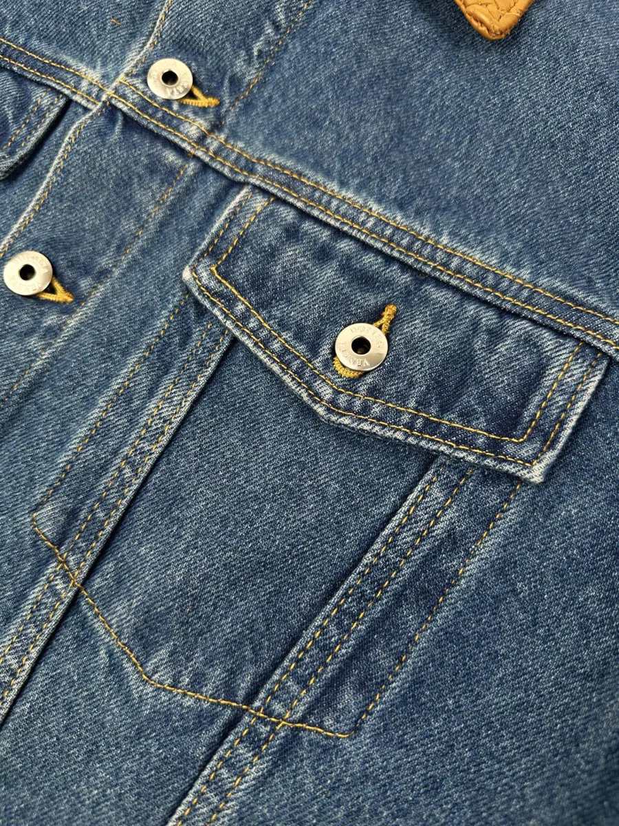 Woven Leather Denim Jacket - Medium Blue, photo 5