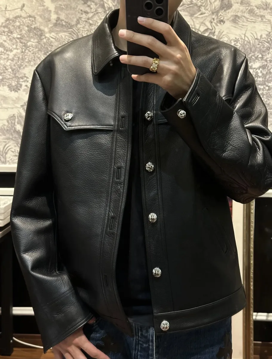 Leather Jacket with Embroidered Arms - Black, worn, photo 1