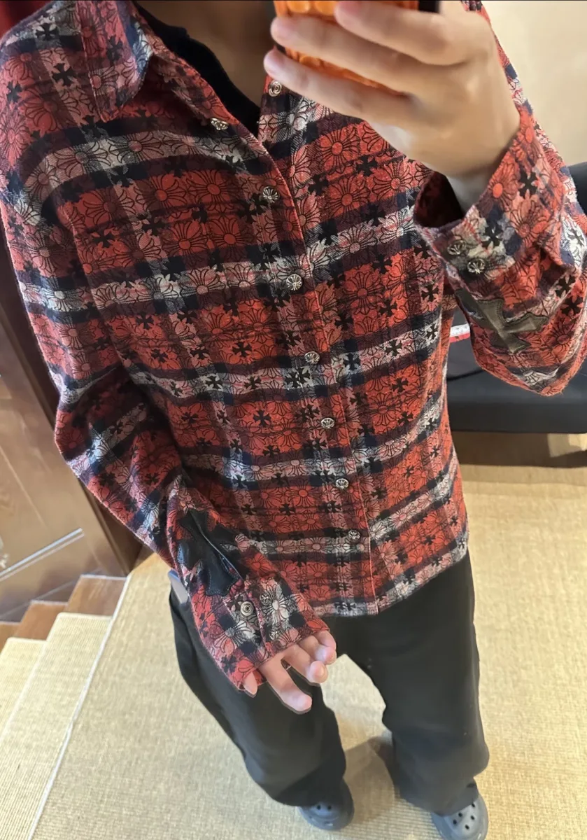 Plaid Flannel Shirt with Cross Pattern - Red, worn, photo 1