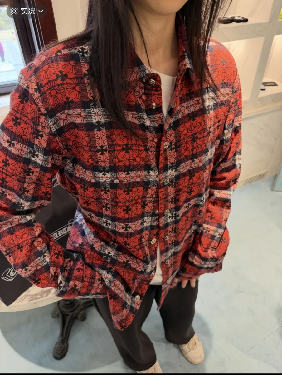 Plaid Flannel Shirt with Cross Pattern - Red, worn, photo 2