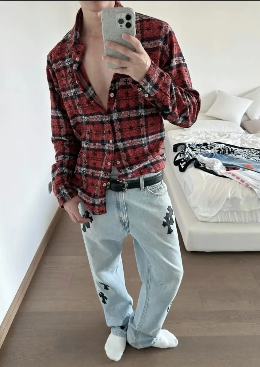 Plaid Flannel Shirt with Cross Pattern - Red, worn, photo 5