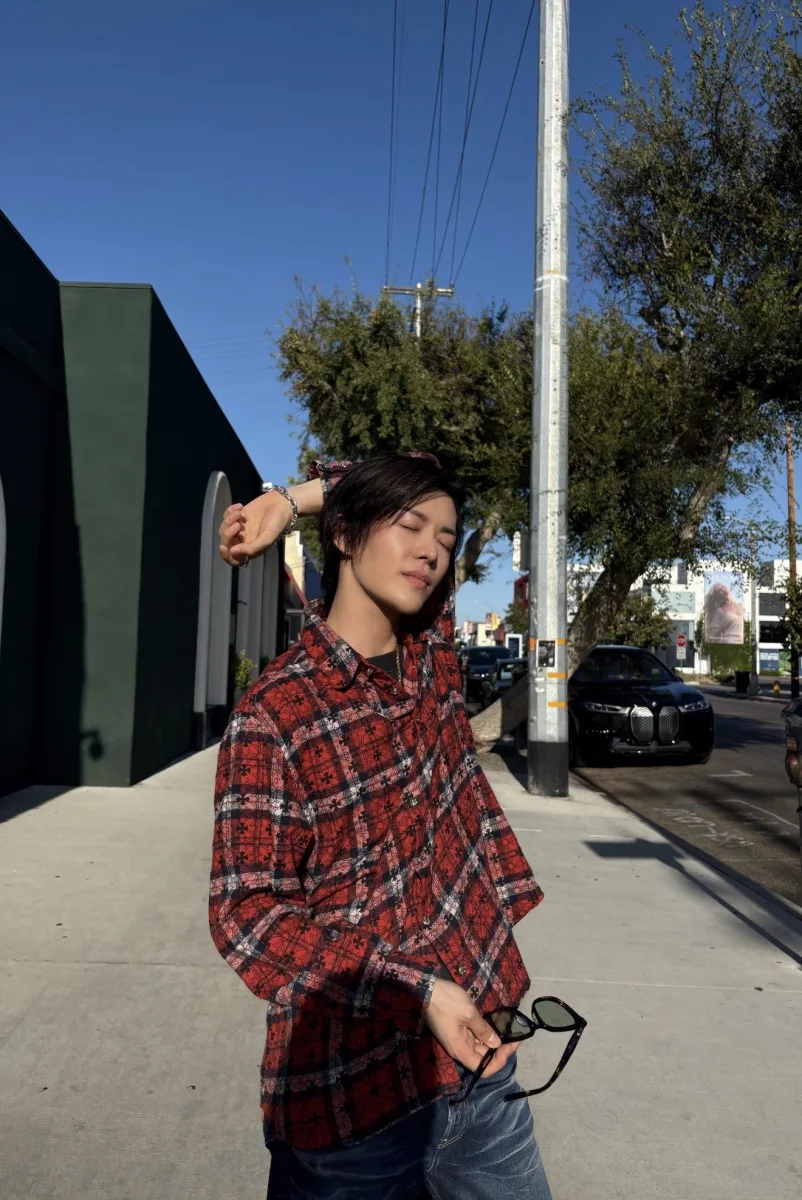 Plaid Flannel Shirt with Cross Pattern - Red, worn, photo 8