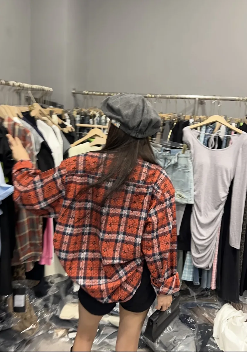Plaid Flannel Shirt with Cross Pattern - Red, worn, photo 9