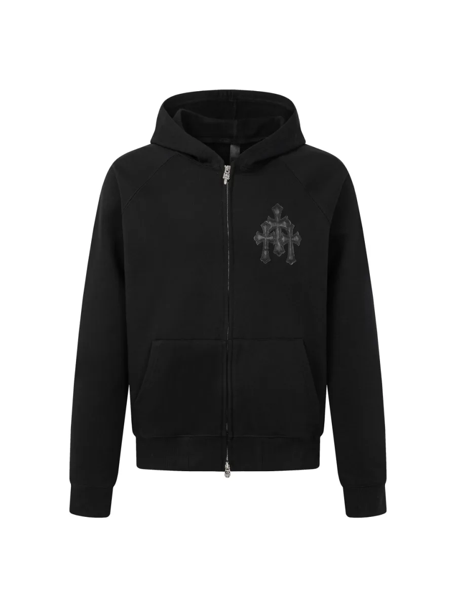 Zip-Up Hoodie with Embroidered Cross - Black