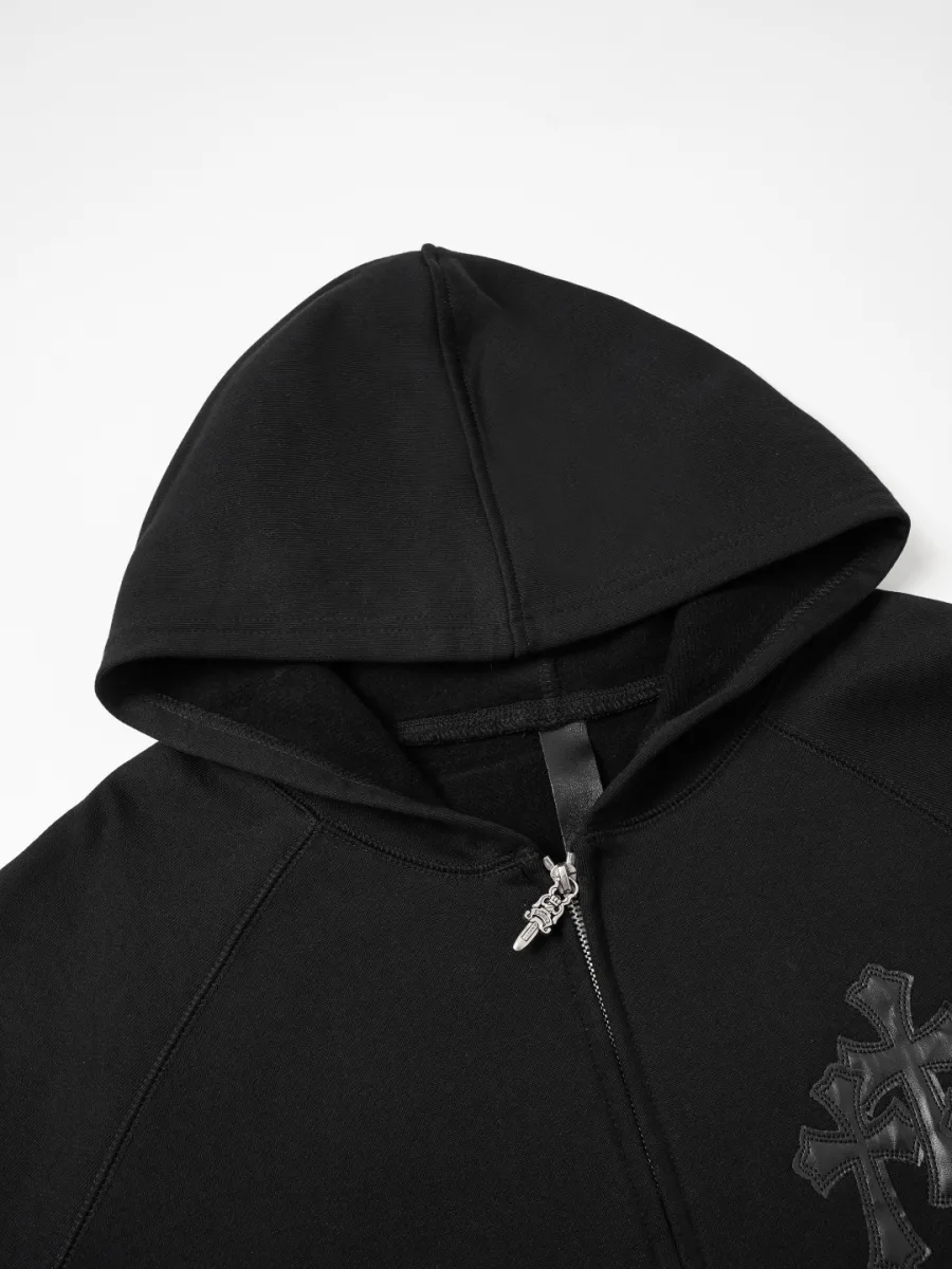 Zip-Up Hoodie with Embroidered Cross - Black, photo 3