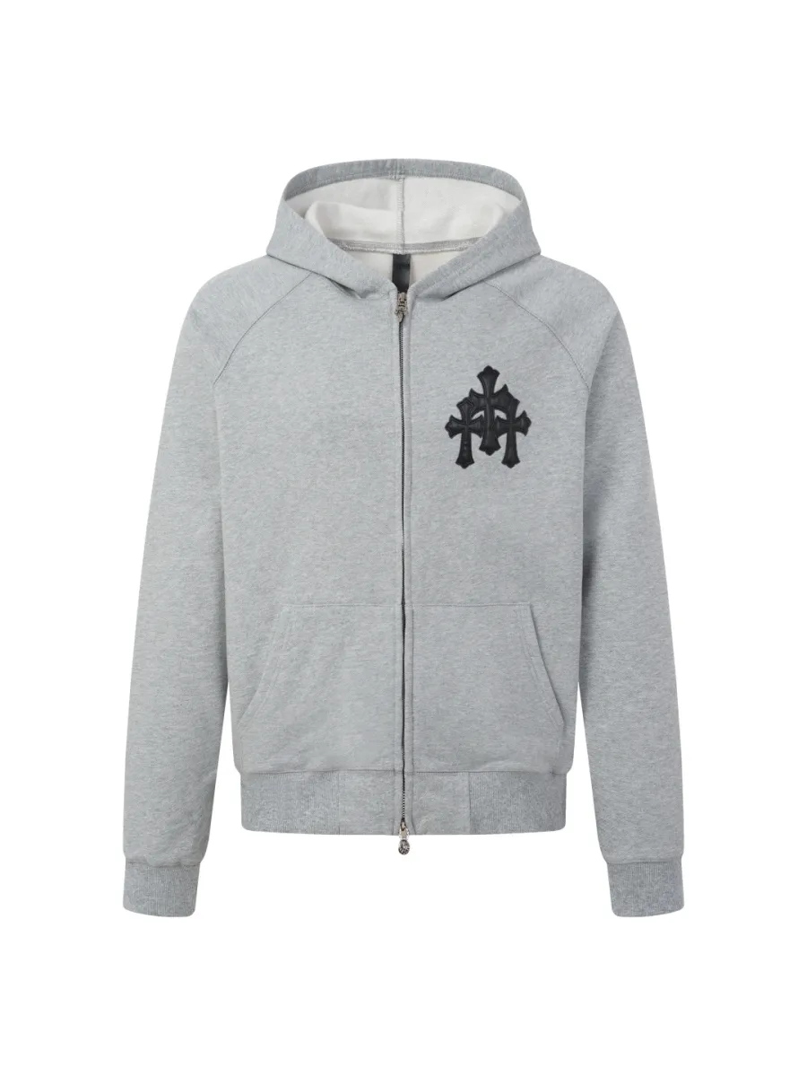 Zip-Up Hoodie with Embroidered Cross - Grey
