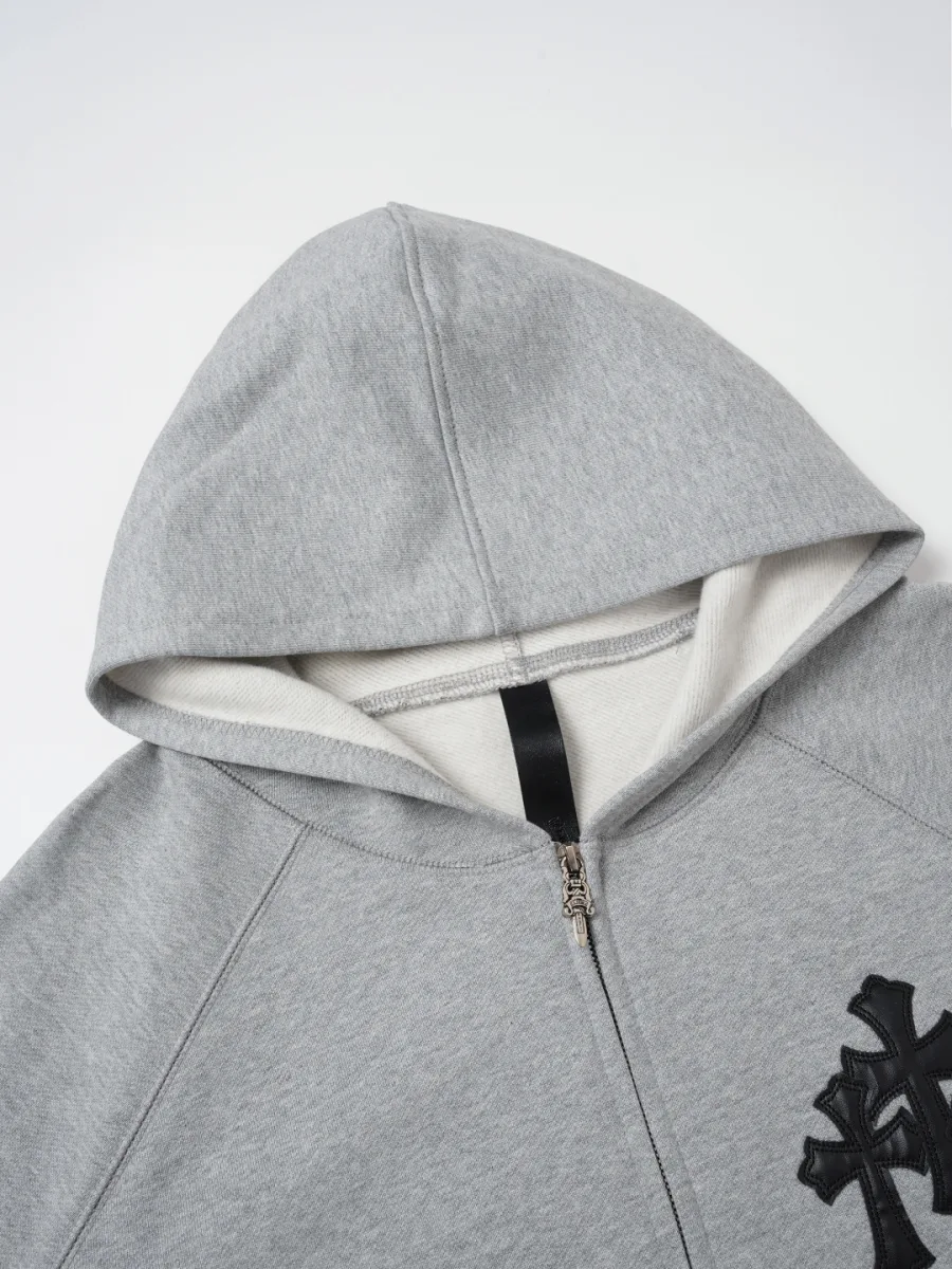 Zip-Up Hoodie with Embroidered Cross - Grey, photo 3