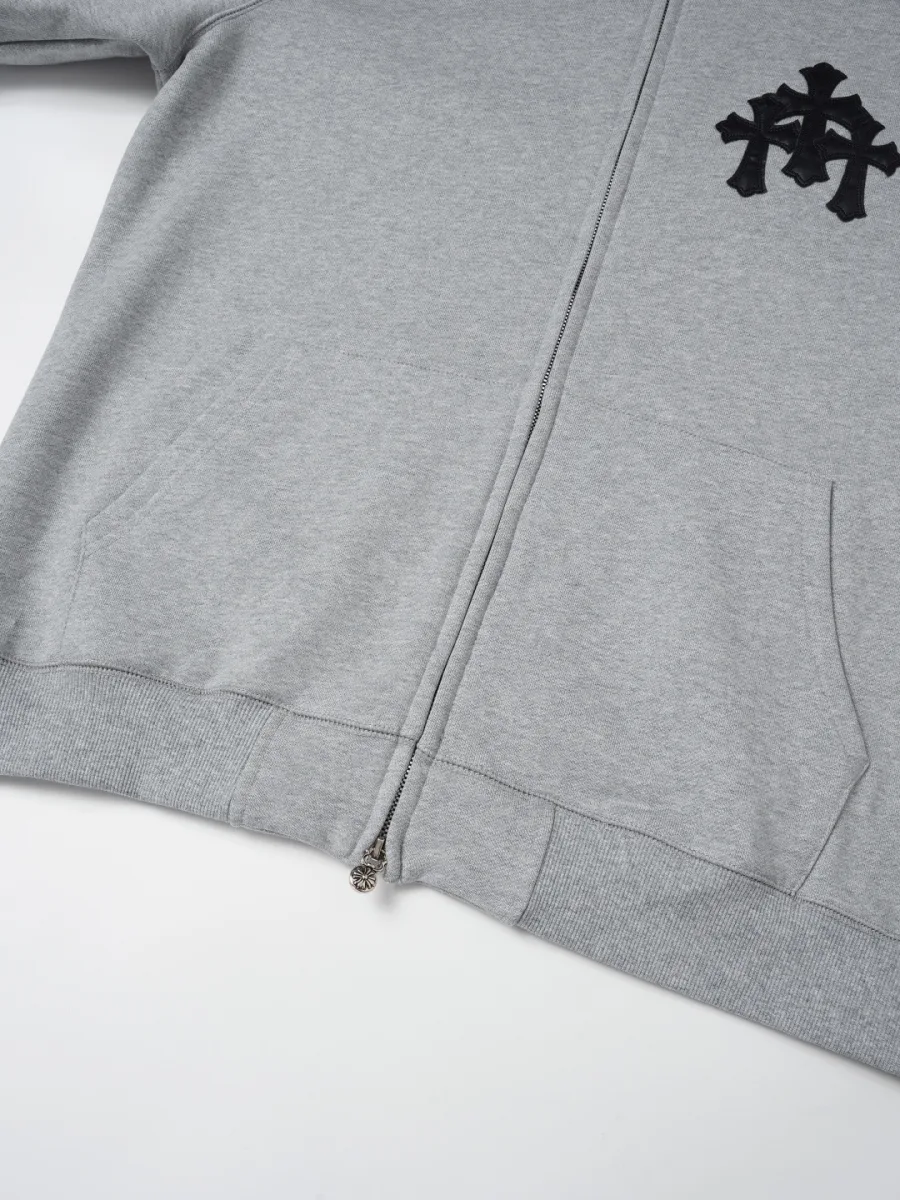 Zip-Up Hoodie with Embroidered Cross - Grey, photo 8