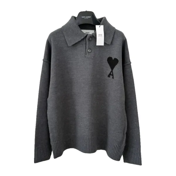 Heart A Logo Polo Knit Sweater - Charcoal Grey