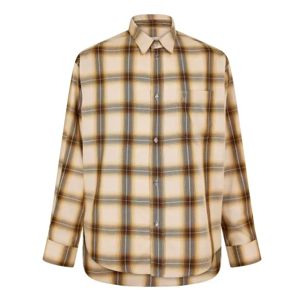 Pocket Embroidery Check Shirt - Beige