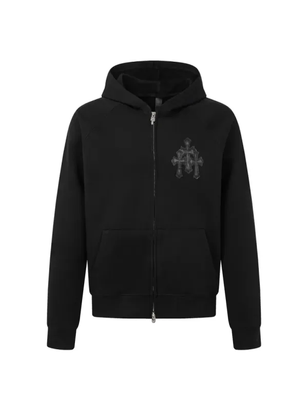 Zip-Up Hoodie with Embroidered Cross - Black