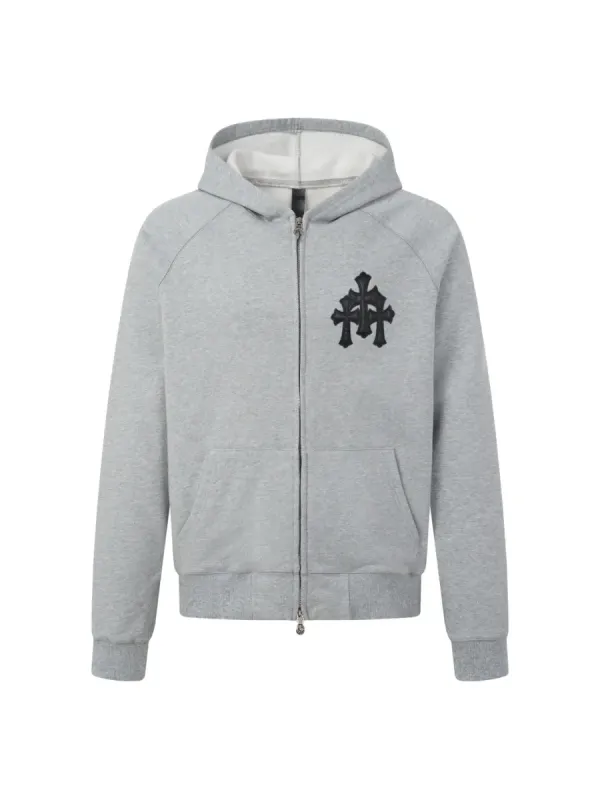 Zip-Up Hoodie with Embroidered Cross - Grey