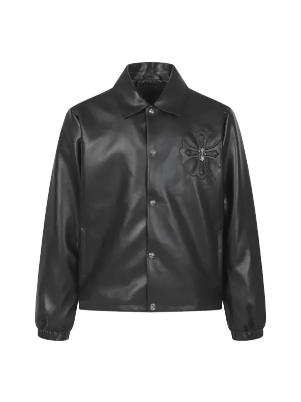 Leather Jacket with Cross Embroidery - Black