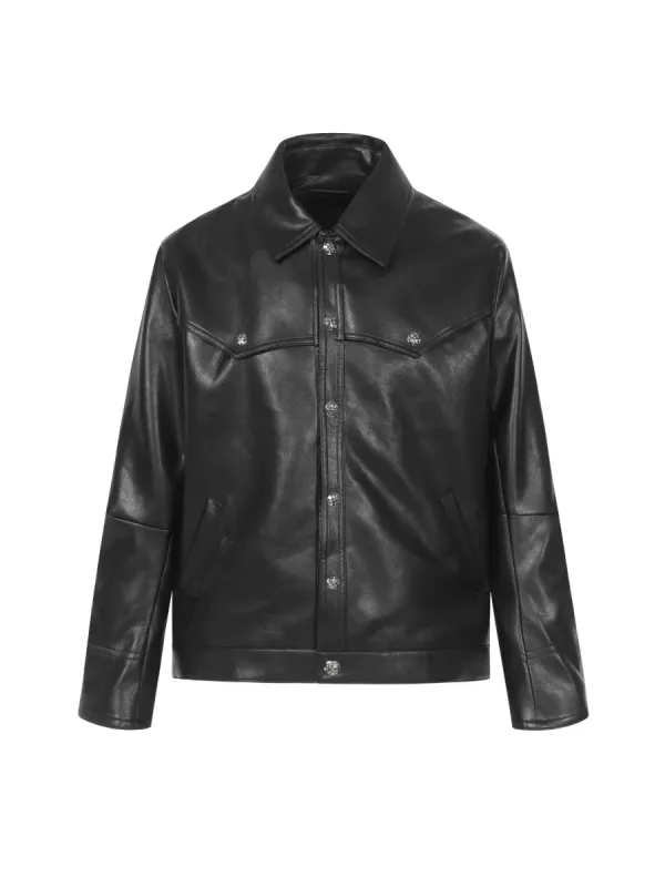 Leather Jacket with Embroidered Arms - Black