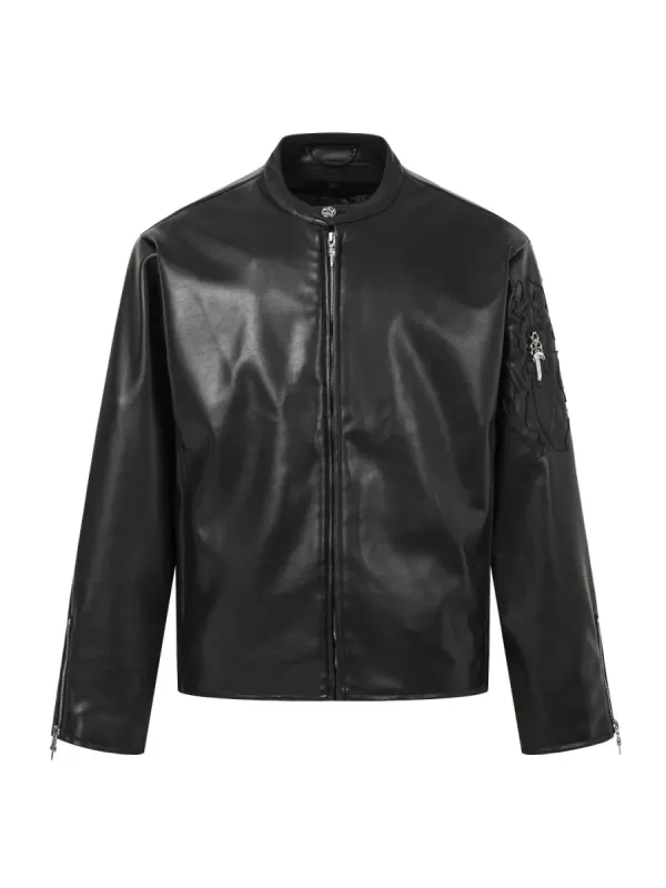 Leather Jacket with Sword Embroidery - Black