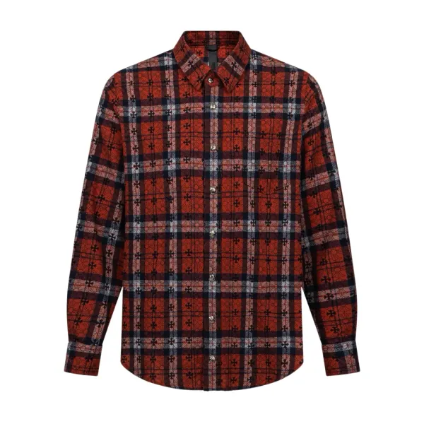 Plaid Flannel Shirt with Cross Pattern - Red